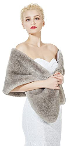 BEAUTELICATE Châle Étole en Fausse Fourrure Écharpe Boléro De Femme Mariage Hiver sur Robe de Soirée Mariée Cérémonie Fête Demoiselle d'honneur (Taille Unique, Blanc & Kaki)