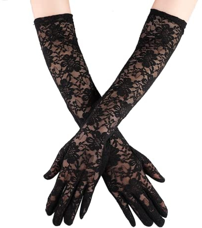 IRYNA Long Lace Gloves - Black Elbow Length Opera Silk Hand Sleeves for Evening Party