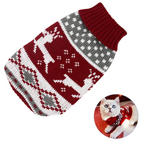 Hundepullover, Haustier Weihnachten Warmer Pullover Cartoon Weihnachtsbaum, Haustiermantel Kostüm, Haustier Pullover Rollkragen, Haustier Kleidung Herbst Winter Strickpullover, Rot, XS