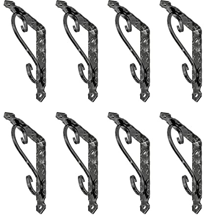 siwitec Schmiedeeiserne Konsole Regalwinkel 65kg schwarz 200x150mm 8er | antike Optik, geschmiedeter Stahl mit 3 mm Materialstärke, einfache Montage durch vorgefertigte Lochung