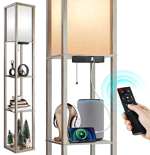 OUTON Lampada da Terra con Scaffale, Lampada da Terra Salotto Dimmerabile con Telecomando, Lampada a Stelo 160cm, 2 Porte di Ricarica USB, Piantana da Terra per Soggiorno, Camera Da Letto, Grigio