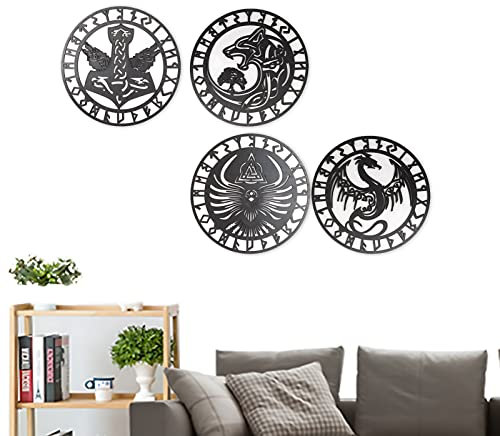 Arsey Wikinger Deko Nordische Mythologie Runen Mittelalter Wandkunst Nordischer Heilige Kreatur Thors Hammer Wolf Fenrir Drache Baum Des Lebens Symbol Wanddeko Wohnzimmer Holz, Schwarz, 4 Stücke