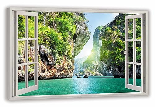 HUBDECO Leinwandbild Fensterblick Exotisches Thailand Bild 100x70 cm - Landschaftsbilder auf Leinwand - Wandbilder Wohnzimmer - Bild Fenster mit Ausblick - Aesthetic Room Decor - Wanddeko Schlafzimmer
