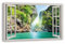HUBDECO Leinwandbild Fensterblick Exotisches Thailand Bild 100x70 cm - Landschaftsbilder auf Leinwand - Wandbilder Wohnzimmer - Bild Fenster mit Ausblick - Aesthetic Room Decor - Wanddeko Schlafzimmer