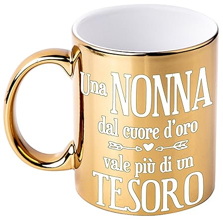 Bombo Tazza in Ceramica Metallizzata Color Oro per festeggiare la Nonna, con la frase Una Nonna dal cuore d'oro vale più di un TESORO