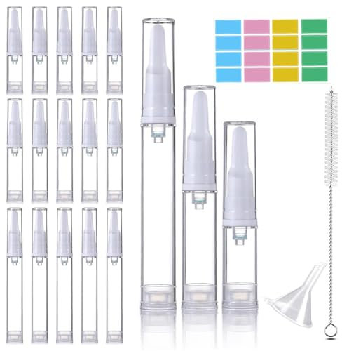 15 Pack Airless-Pumpflaschen, nachfüllbare Kunststoff-Vakuumpumpen-Pressflaschen,5ml/10 ml/15 ml Pump Bottle for Lotion für Lotion, Parfüm, ätherisches Öl, Foundation, flüssiger Toner (15PCS)