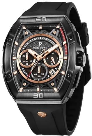 Paras Crown Uhren Herren Chronograph mit 3 Zifferblättern, Datum & Stoppfunktion, Japanischem Quarz – Uhr für Herren Armbanduhr, Silikonarmband, 5ATM wasserdicht & Leuchtzeiger