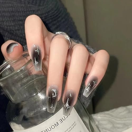24 Pièces Français Faux Ongles Cercueil Longue Gris Press on Nails Lune Étoiles Dessin Ongles à Coller 12 Tailles Ballerina Acrylique Faux Ongles Autocollants pour Femme et Fille Extensions d'ongles