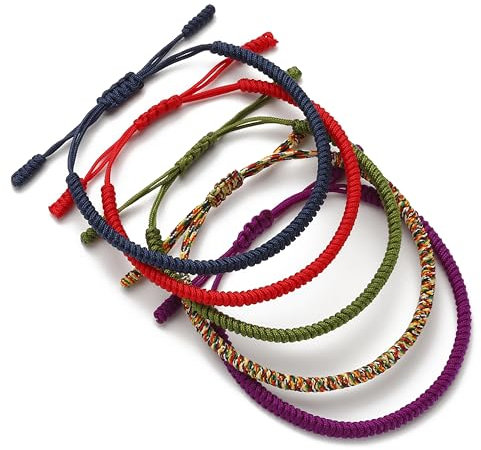 LUCKY BUDDHIST - 5 bracelets porte-bonheur tibétains + cadeau bouddhiste ! - Fait main. Ajustable à votre poignet. Pour hommes et femmes. Bracelets d'amitié en tissu tressé