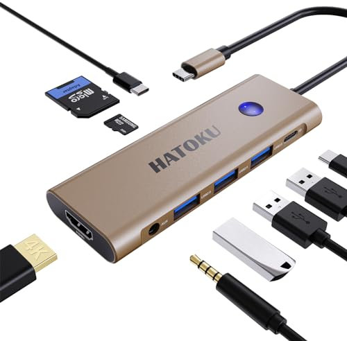 HUB USB C, 9-1 USB C HUB, Adaptateur Macbook Air avec HDMI 4K@60Hz, 100W PD, Lecteur de Cartes SD/TF, Port de Données USB 3.0/C et Port Audio pour Dell, Lenovo, HP Laptops (Gold)