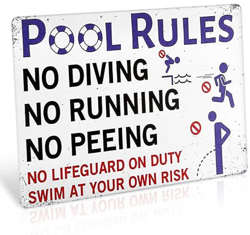 Andibro Panneaux de Règles de Piscine, Panneau D'avertissement de Piscine en Métal, 11,8 x 7,8 pouces Panneaux de Sécurité et Décoration Vintage pour Piscine Décoration Murale Amusante
