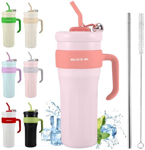 Joycabin 40oz Thermobecher mit Stroh und Griff, 1250ml Kaffeebecher to go Thermo, Edelstahl Vakuum Auslaufsicher Trinkbecher, Spülmaschinenfest Reiseflasche für Kalte Heiße Getränke Thermo Becher