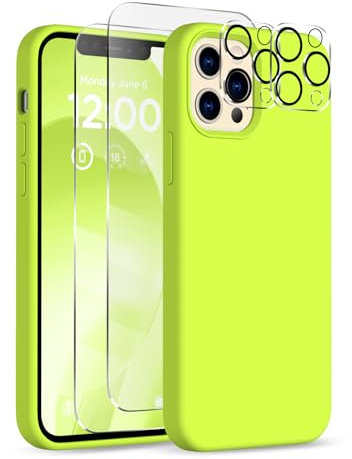 COFFKER for iPhone 12 Pro Max Case, [2X Camera Protector + 2X Screen Protector], Silicone Shockproof Protective Cover, Microfiber Lining Phone Case for iPhone 12 Pro Max 6.7, Fluorescent Yellow