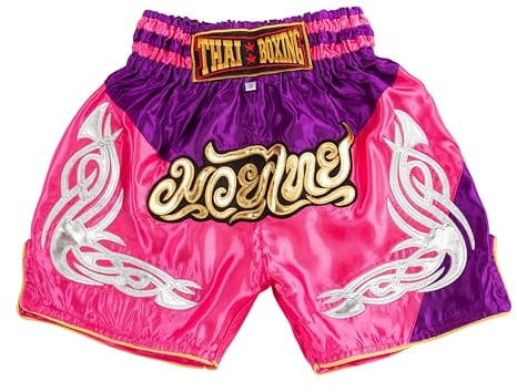 MUAY NATION Pantalones Cortos de Muay Thai para Niños (2 Años - 12 Años) Niñas Niños Pantalones de Boxeo para Kickboxing MMA Artes Marciales (FR/ES, Edad, 2 años, 3 años, Regular, PRM Rosa/Morado)