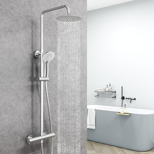 AICA Ensemble de Colonne de Douche Thermostatique pour Salle de Bain, Robinet de Douche Thermostatique, 3 Modes de Pulvérisation, Chromé, Hauteur Réglable 735 mm-1170 mm (rond1, argent)