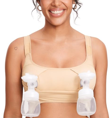 MOMANDA Women's Velcro Pumping Bra Hands Free Nursing Bras Wireless Maternity Bra for Breastfeeding Light Oatmeal L