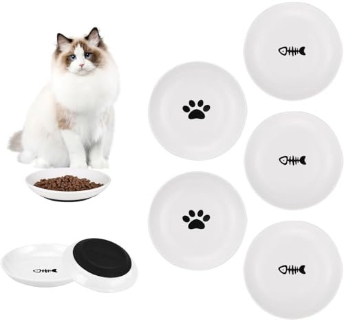 Cnwinu 5 Pcs Ceramic Cat Plates,Ceramic Cat bowl Set,Cat Food Bowl Shallow Cat Bowl with Non-Slip Silicone Bottom,Feeding Cat Bowls And Dog Bowls,Pet Supplies Plates Hold Food,Milk,Water