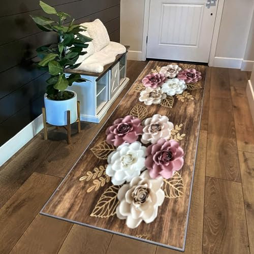 Siunwdiy Tapis De Couloir Marron crème Rose 100x240cm Motif Floral 3D Tapis Couloir Long,Tapis Cuisine Devant Evier Lavable Tapis De Cuisine Long Antidérapant Tapis De Passage pour Chambre