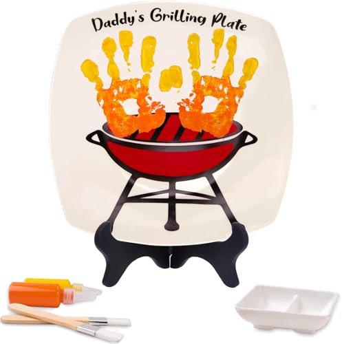 Eyezeeption Best Dad Gifts DIY Daddy's Grillplatte Handabdruck Ornament mit Ständer, Vatertagsgeschenke Personalisierte Papa BBQ Teller Papa Geburtstag Weihnachten Geschenke von Tochter und Sohn