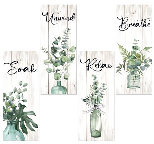 Arquiel 4Pcs Boho Plants Wooden Wall Art Decor Green Leaves Wood Wall Hangings Rustic Laundry Wooden Plaque Bathroom Living Room Bedroom Wall Decor (W: 11.8inches/30cm)
