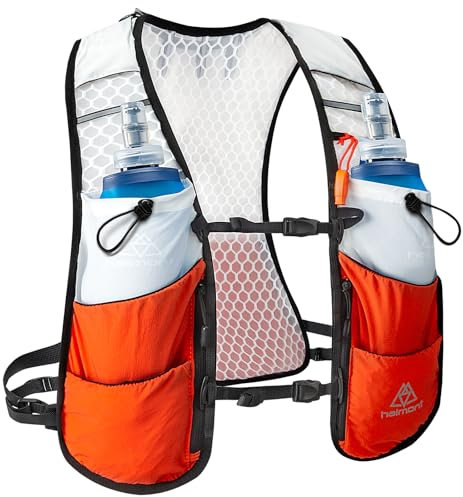 Haimont Running Hydration Vest with 2 TPU Soft Flasks, 5L Lightweight Trail Running Vest Pack for Women Men, Running, Climbling, Orange, L