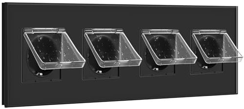 BSEED Schuko Steckdose mit Wasserdichter Abdeckung,Wandsteckdose 4 Fach Kristall Glas Platte,Unterputz Steckdose 16Amp Schwarz,Ideal für Feuchträume,Outdoor & Indoor Verwendung