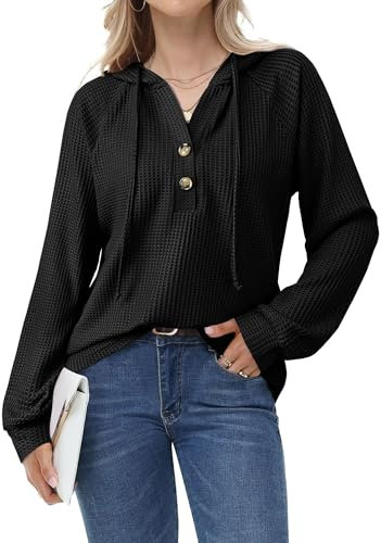 Bodhi talk Oversize Hoody Damen - Langarm Pullover mit Kapuze und Knopf-V-Ausschnitt, Schwarz M - Bequem & Stilvoll für Stadtspaziergänge & Yoga