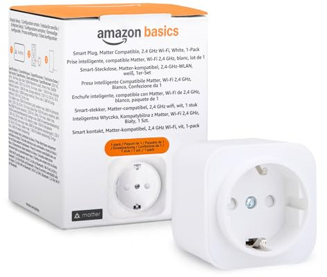 Amazon Basics Smarter Stecker, Matter-kompatibel, Kompatibel mit Amazon Alexa, Google Home, Apple HomeKit, Matter-Hub erforderlich, Nur 2,4GHz-WLAN, Weiß, 1er-Pack