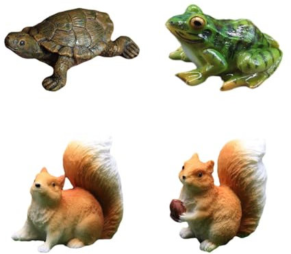 tintoke 4 Stück Schildkröte Statue Deko Harz,Gartenfigur Frosch,Süße Eichhörnchen Figuren,Eichhörnchen Figuren Nuss Deko,sitzende Dekofigur Frosch,Geeignet für Gärten, Teiche, Blumentöpfe usw.