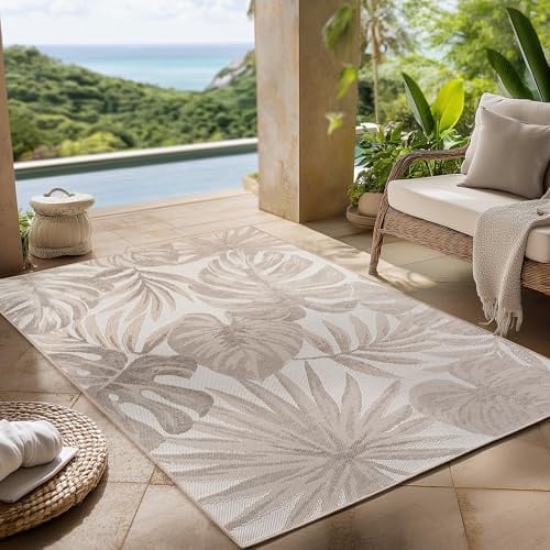 Carpettex Outdoor Teppich wetterfest Beige 200x290 cm, UV-beständig, ideal für Küche, Balkon, Terrasse, Garten auch Wohnzimmer und Esszimmer, Palmblätter-Design