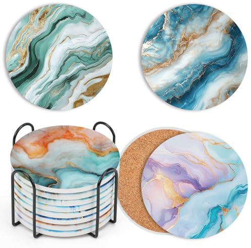 RETON 8er Set keramische Marmor Getränkekoaster, runde saugfähige Coaster mit Korkboden und Halter, Tischschutz-Bar-Cup-Coaster für Couchtisch, Heimdekoration, Einweihungsgeschenke