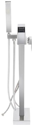 Grifo de bañera independiente con tubos de agua caliente y fría, conexiones estándar G de 1/2 pulgadas, cascada, giratorio 360°, grifo de bañera con ducha de mano (plata)