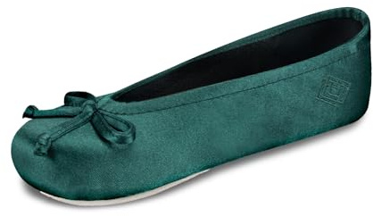 isotoner Women's Satin Ballerina Slippers with Soft Tie Bow and Suede Sole, Dark Pine, X-Large