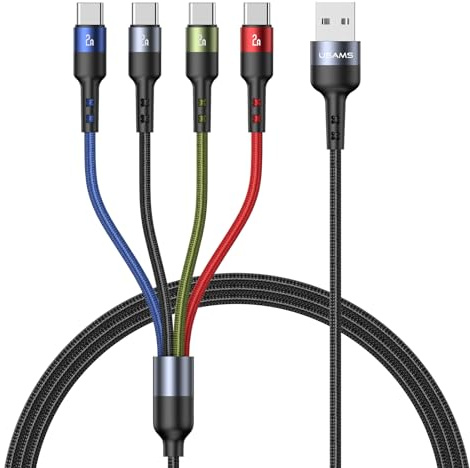 USAMS Lot de 2 câbles de charge multiples 4 en 1 en nylon tressé USB pour charge rapide, 4 connecteurs de type C, compatibles téléphones portables, tablettes et plus encore