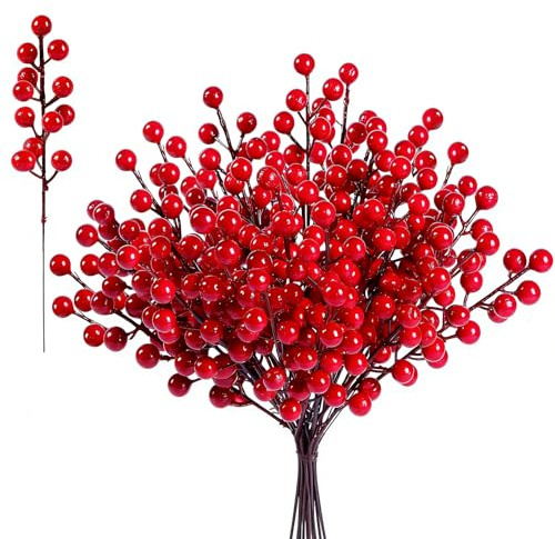 Esshogo 20 Stück 20.5 cm Künstliche Rote Beeren, Holly Zweige Picks | Stechpalmenbeeren, Künstliche Frostebeeren, Zweige Weihnachtsbeeren Stiel für Weihnachtsbaum Dekoration DIY Handwerk Hochzeit