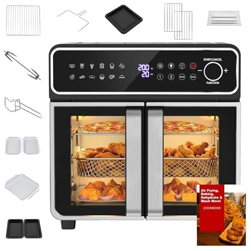 23L Heißluftfritteuse Mini Backofen – Verstellbare Einzel-/Doppelzone, 2600W Airfryer mit Drehknopf & Touchscreen, 12 Programmen, Innen aus Edelstahl, 13-teiligem Zubehör & Rezeptbuch
