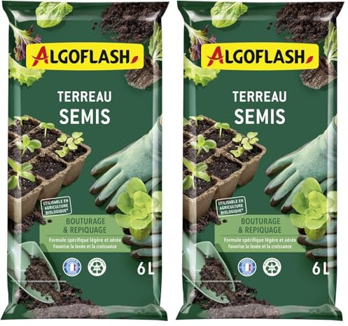 Algoflash Terreau Semis, Bouturage et Repiquage, Utilisable en Agriculture Biologique - 6L, Marron (Lot de 2)