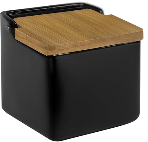 TIENDA EURASIA – Salero de Cocina de Cerámica | Tapa Abatible de Bambú | Color Negro | Medidas 12x12x11 cm | Diseño Moderno y Elegante