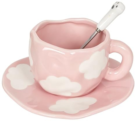 Coffee Cup and Saucer Set 250 ml, Pink Ceramic Coffee Mug with Saucer | Elegant Tea and Coffee Set for Home and Office, Gift for Girls and Women, Dishwasher & Microwave Safe