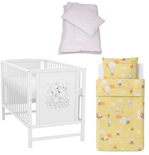 Generisch Baby-Delux Babybett 60x120 cm Mia Kinderbett Komplett Set weiß Matratze Bettwäsche (Ballonfahrt orange)