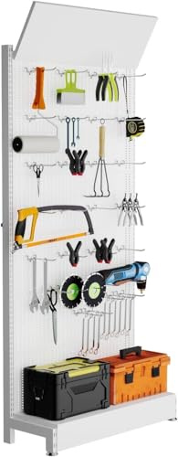 Lhysn Panneau perforé métallique - Organisateur avec 30 crochets, 216x91x33 cm, pour bricolage, cuisine, boutique de téléphones/Blanc