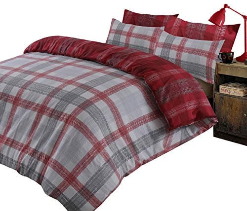 Dreamscene Boston Check Duvet Cover with Pillow Case 100% Brushed Cotton Flannelette Reversible Tartan Bedding Set, Red Grey Silver, Super King
