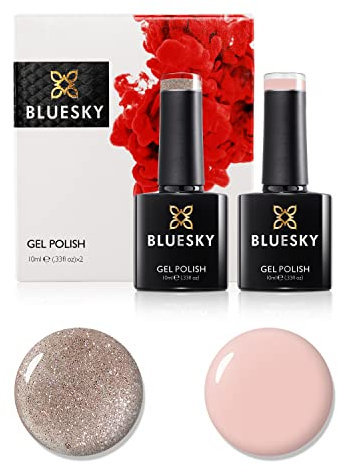 Bluesky Gel Nail Polish Set, 9th Anniversary Set 9, 2 x 10ml, A055 Soft Pink, 63903 Fairy Dust, Pastel, Nude, Gold Glitter (Requires Curing Under UV LED Lamp)