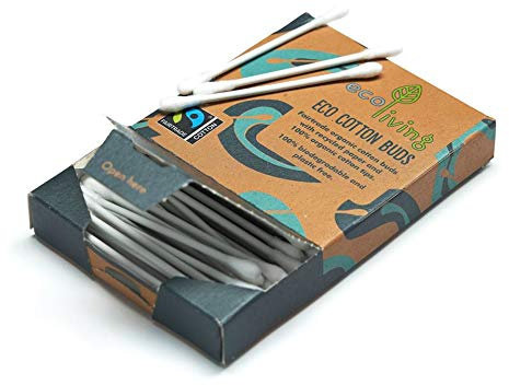 ecoLiving 100 Biodegradable Cotton Buds (Zero Plastic and Zero Waste) – 100% Paper Fairtrade Organic Cotton Buds – All-Paper Ear Swabs - Sustainable & Vegan Qtips- Ear Buds Cotton