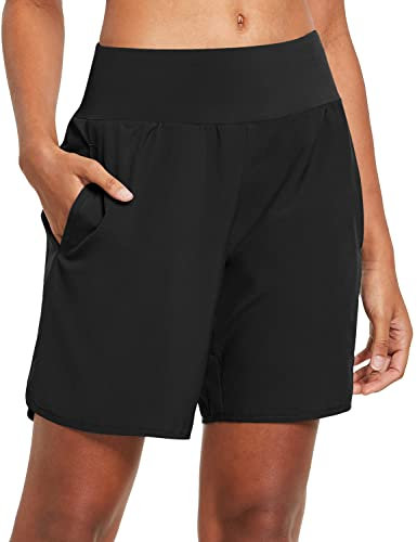 baleaf Women's Running Shorts 2 in 1 High Waisted Gym Shorts Quick Dry with Back Zipper Pockets for Yoga Workout Black M