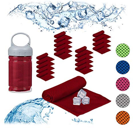 Relaxdays 20 x Kühlendes Handtuch, Mikrofaser, Kühltücher Hals, Sport & Fitness, mit Box, Kühlhandtuch Yoga, 90 x 30 cm, rot