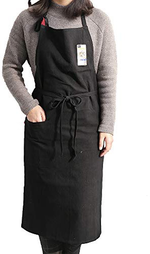 Uheim Hochwertige Schürze aus Leinen, Einheitsgröße, verstellbare Küchenschürze mit großer Tasche, 9 Farben für Damen und Herren, Kittel für Frauen, japanischer Koch-Stil, Schürze für Köche (Schwarz)