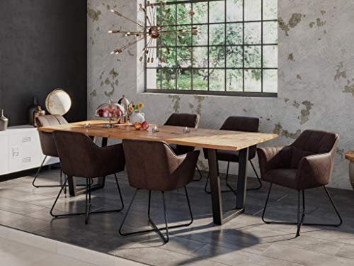 SAM 7tlg. Essgruppe Dora 220 x 100 cm, Mangoholz massiv & naturfarben, Baumkantentisch mit V-Metallgestell in Mattschwarz + 6X Stuhl Kirin in Wildleder-Optik