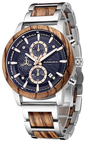 XIRUVE Holz Quarz Holzuhren Armbanduhr für Herren Datum Chronograph mit Geschenkbox (Zebra Holz)