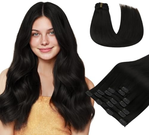 hotbanana Clip In Extensions Echthaar 35cm Haarverlängerung 120g 7 Stück | Naturschwarz Unsichtbar Remy Echthaar, Doppelschuss, Leicht zu Tragen, für Alltag und Styling Bereich